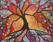 Fiery Tree of Life Original 24" x 24" Mixed Media Tree of Life Painting on canvas by Christina Colwell, Modern Contemporary Folk Art
