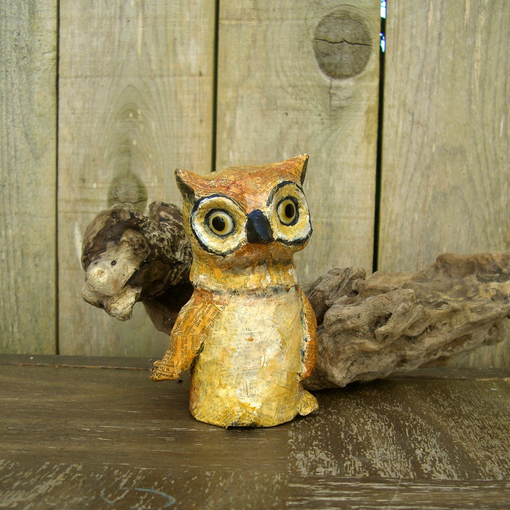 Archie the Owl Paper mache paper clay hand painted OAAK primitive folk art figurine Re-Used plastic, Green
