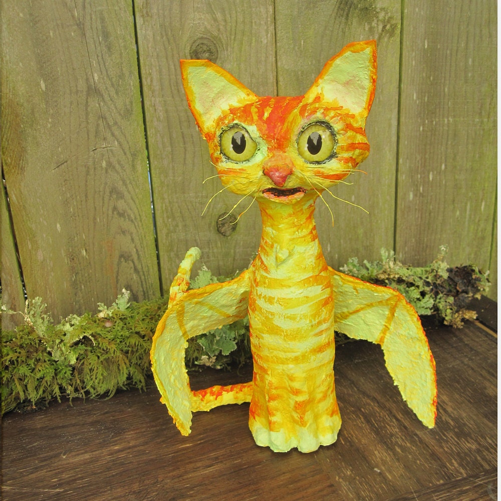 Smaug, Winged Orange Tabby Cat Dragon Fairy Angel Figurine Sculpture paper clay paper mace mixed media