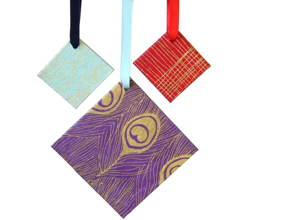 SALE - Handmade Paper Christmas Ornaments - Set of 4 - Holiday Ornaments - Window Decorations - Upcycled
