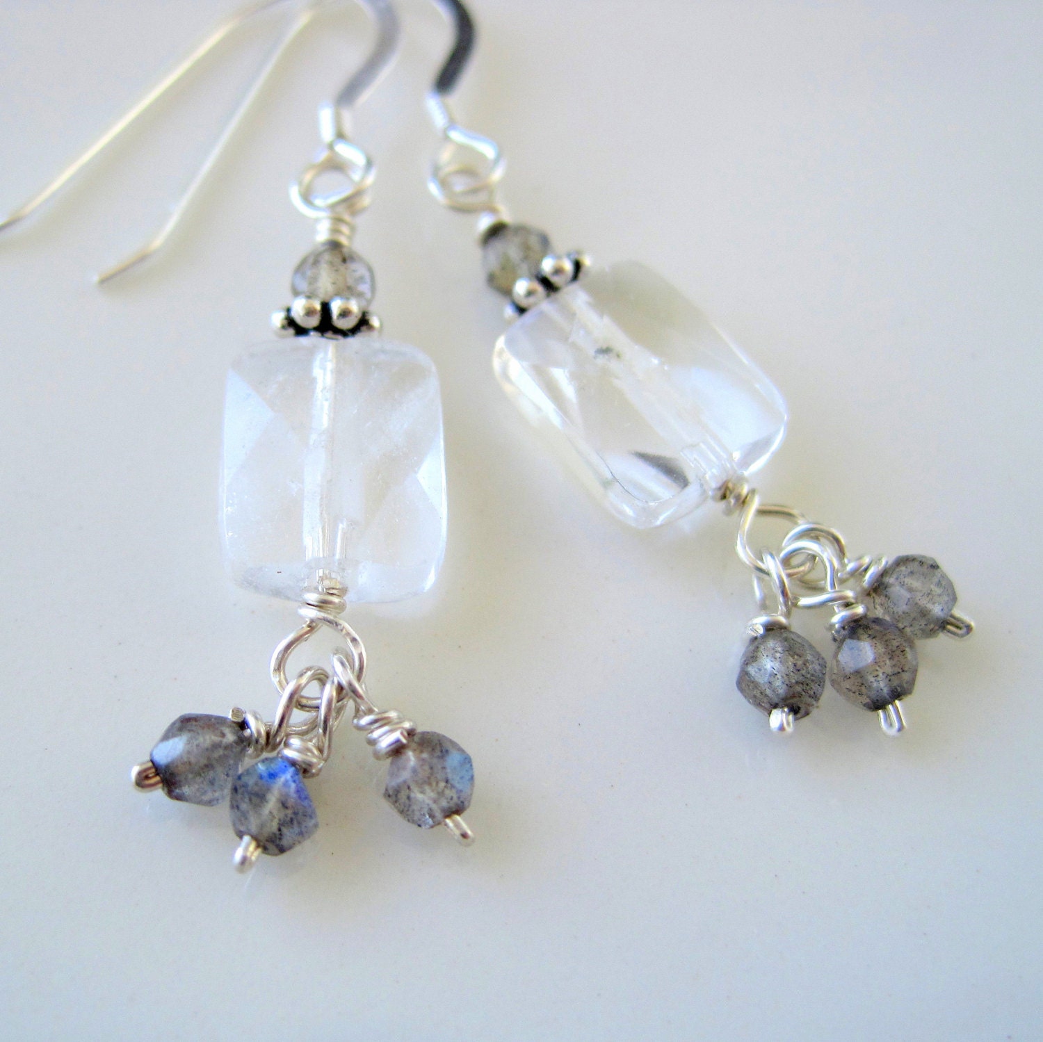 Labradorite, faceted crystal quartz and sterling silver earrings - ready to ship