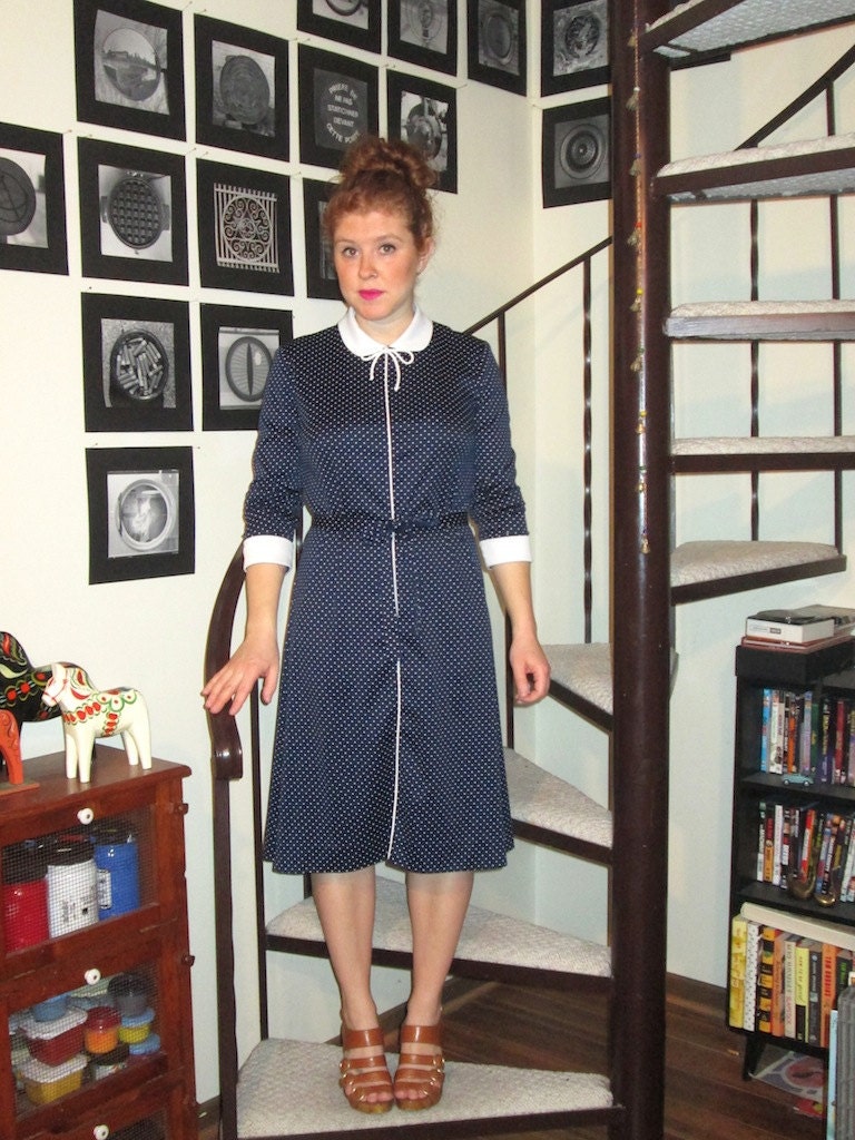 VIntage navy and white polka dot dress - medium