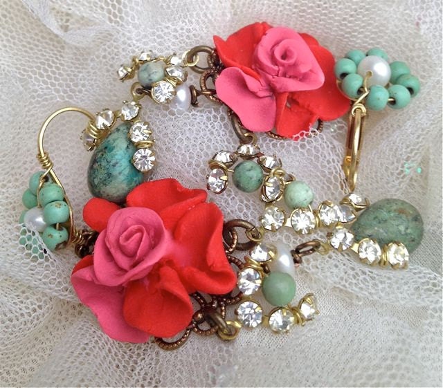 Lilygrace Coral Rose Dangle Earrings with Vintage Rhinestones, Turquoise and Freshwater Pearls