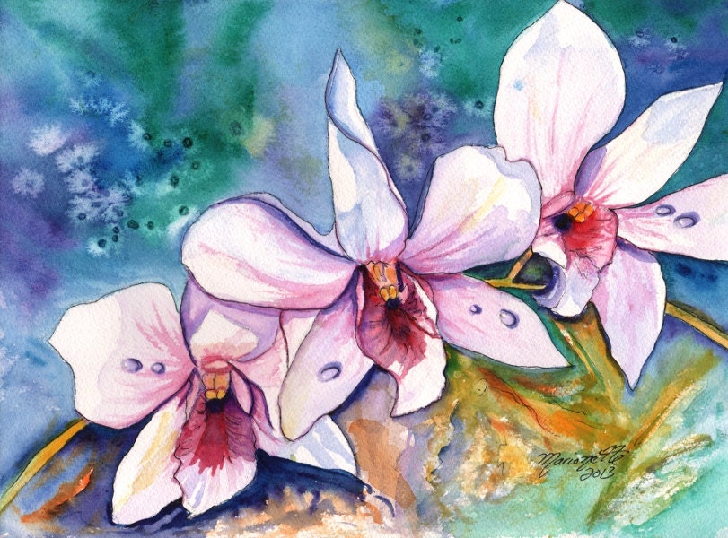 Orchids Exotica Original Watercolor Painting of Tropical Flowers from Kauai Hawaii by Marionette