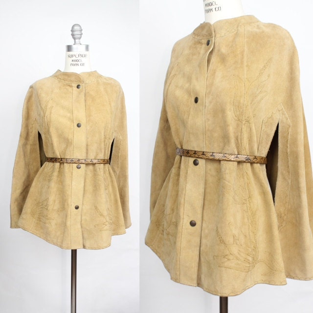 60s to 70s vintage leather cape / camel suede poncho / S M L