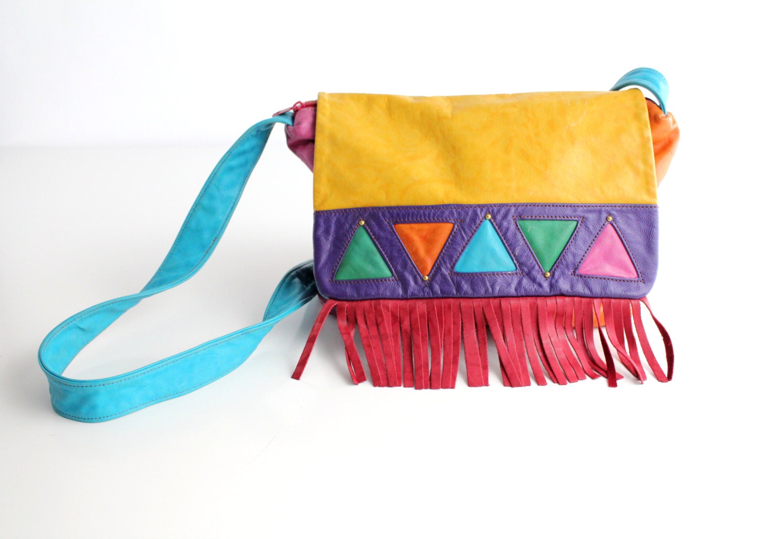 Vintage Multicolor Leather Messenger Bag with Fringe