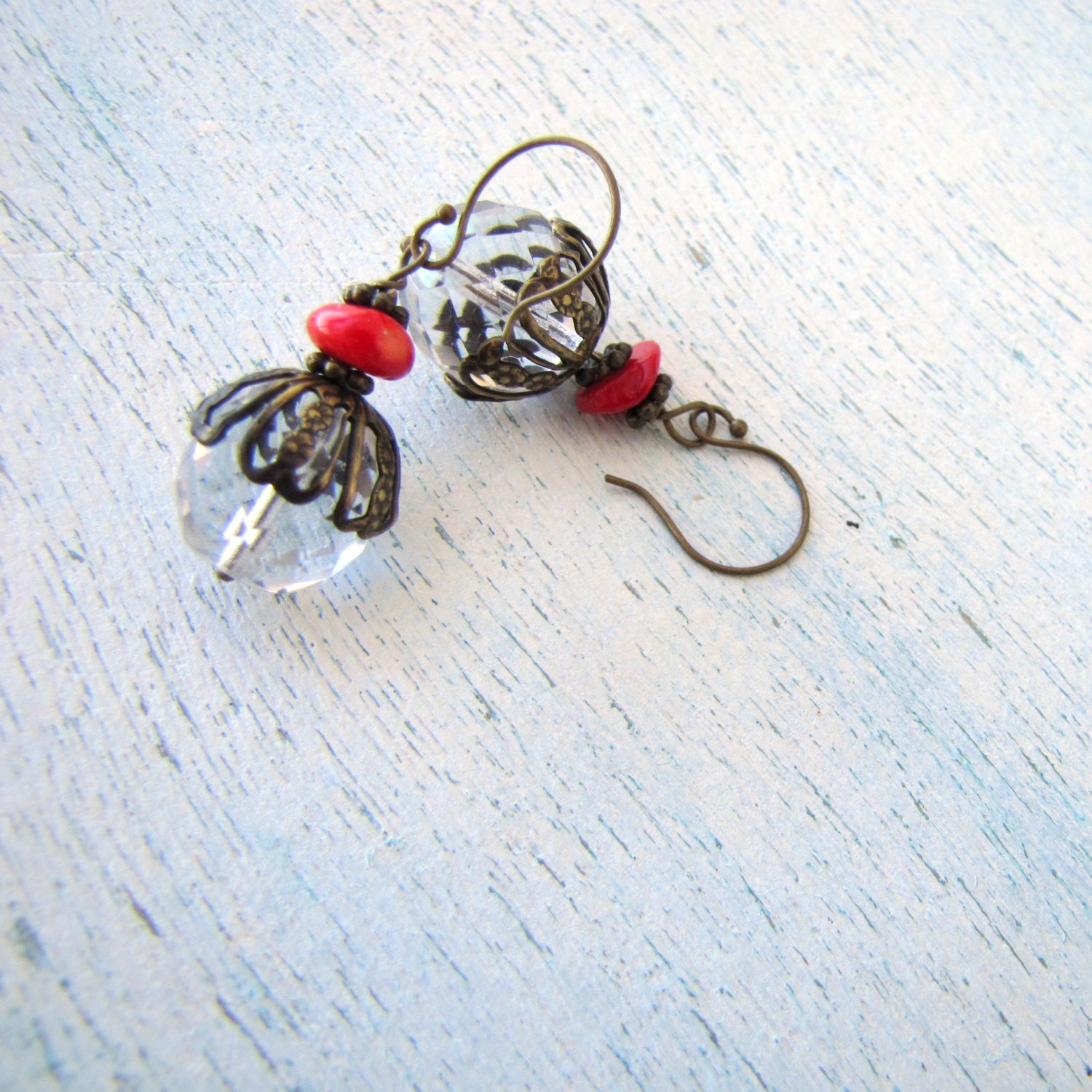 Earrings Clear Crystal Acorn and Hot Red Coral FREE SHIPPING