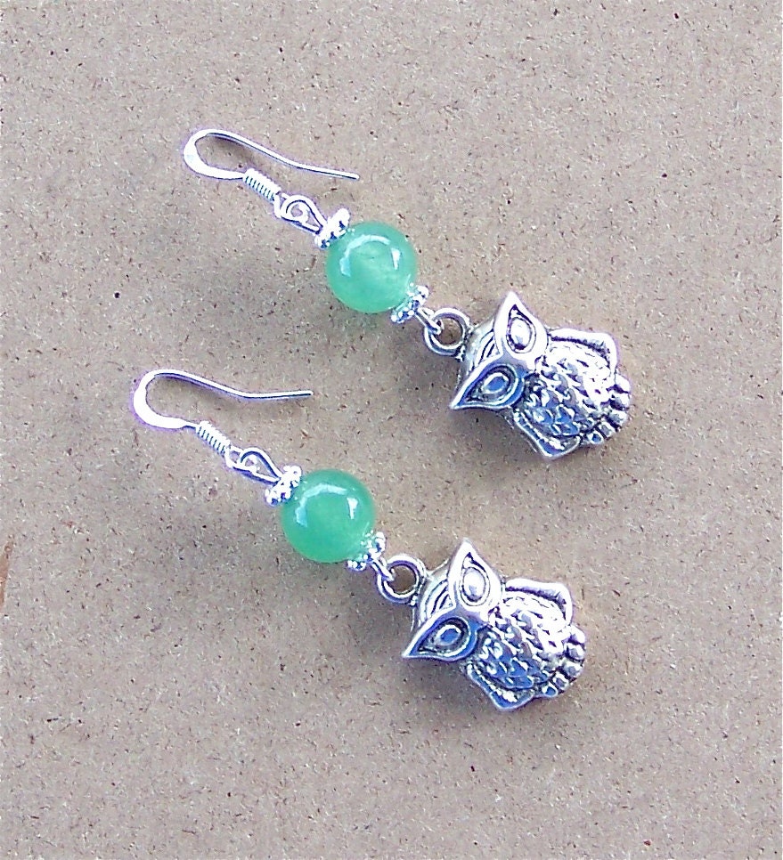 Silver Masquerade Owl Earrings With Jade