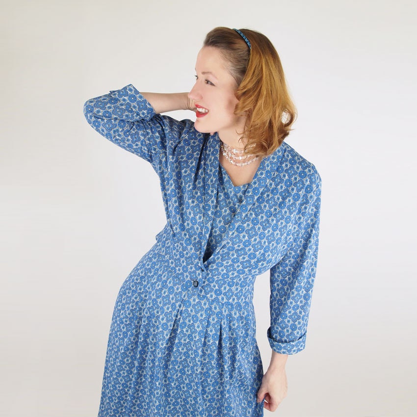 50s Blue Print Nylon Tricot Knit Dress and Jacket L