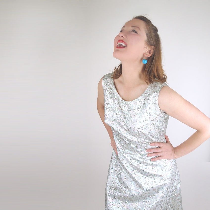 60s Mod Silver Metallic & Rainbow Jacquard Shift Dress M L