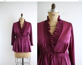 50% off Shop Closing Sale Vintage Ruffle Wrap Blouse . 70s Top . Purple Sheen Blouse