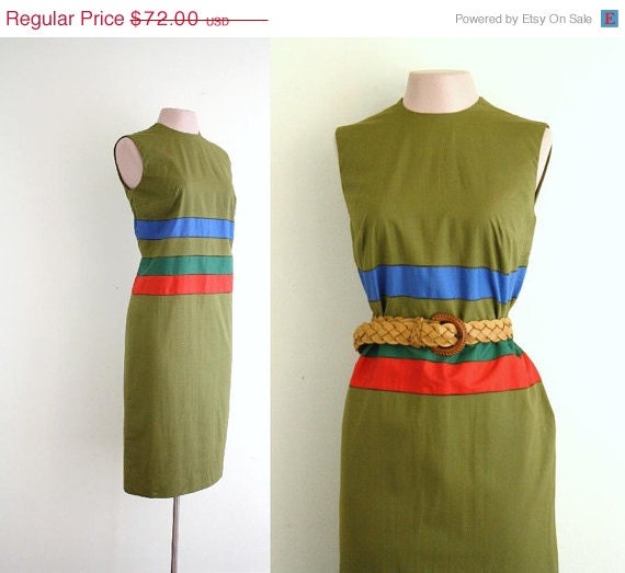 50% off Shop Closing Sale Olive Shift Dress . Three Stripe . 1960s . Mod