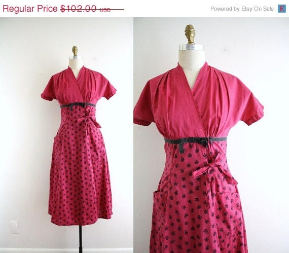 50% off Shop Closing Sale 40s Vintage Day Dress . Cerise Pink . Calico . Tie Waist . Step Lightly Dress . XS