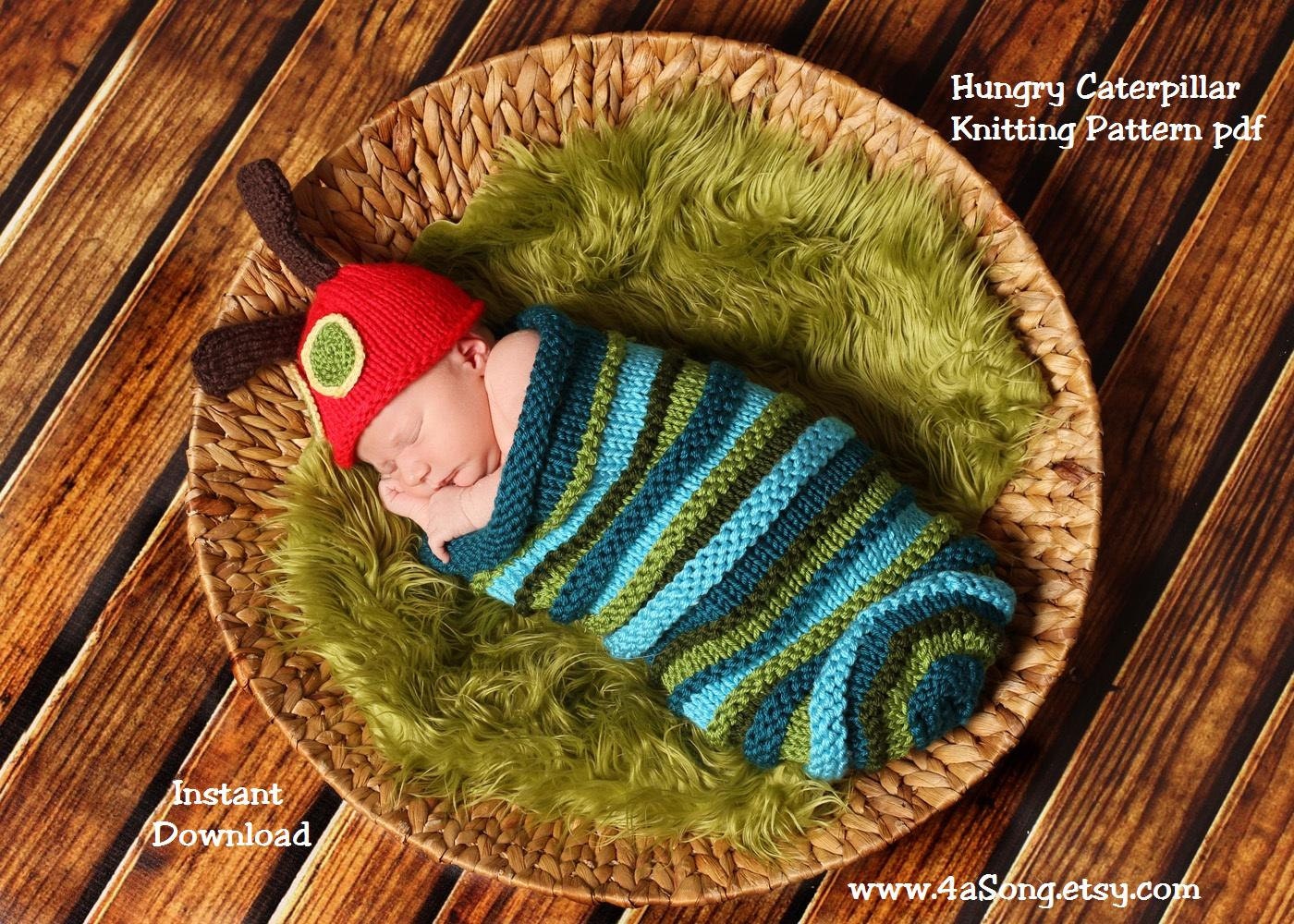 Hungry Caterpillar Baby Cocoon and Hat Knitting Pattern in Plain English, PDF 128 -- INSTANT DOWNLOAD  -- Over 16,000 patterns sold