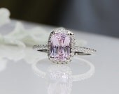 1.8ct Lavender peach cushion sapphire diamond ring 14k white gold engagement ring