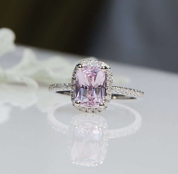 1.8ct Lavender peach cushion sapphire diamond ring 14k white gold engagement ring