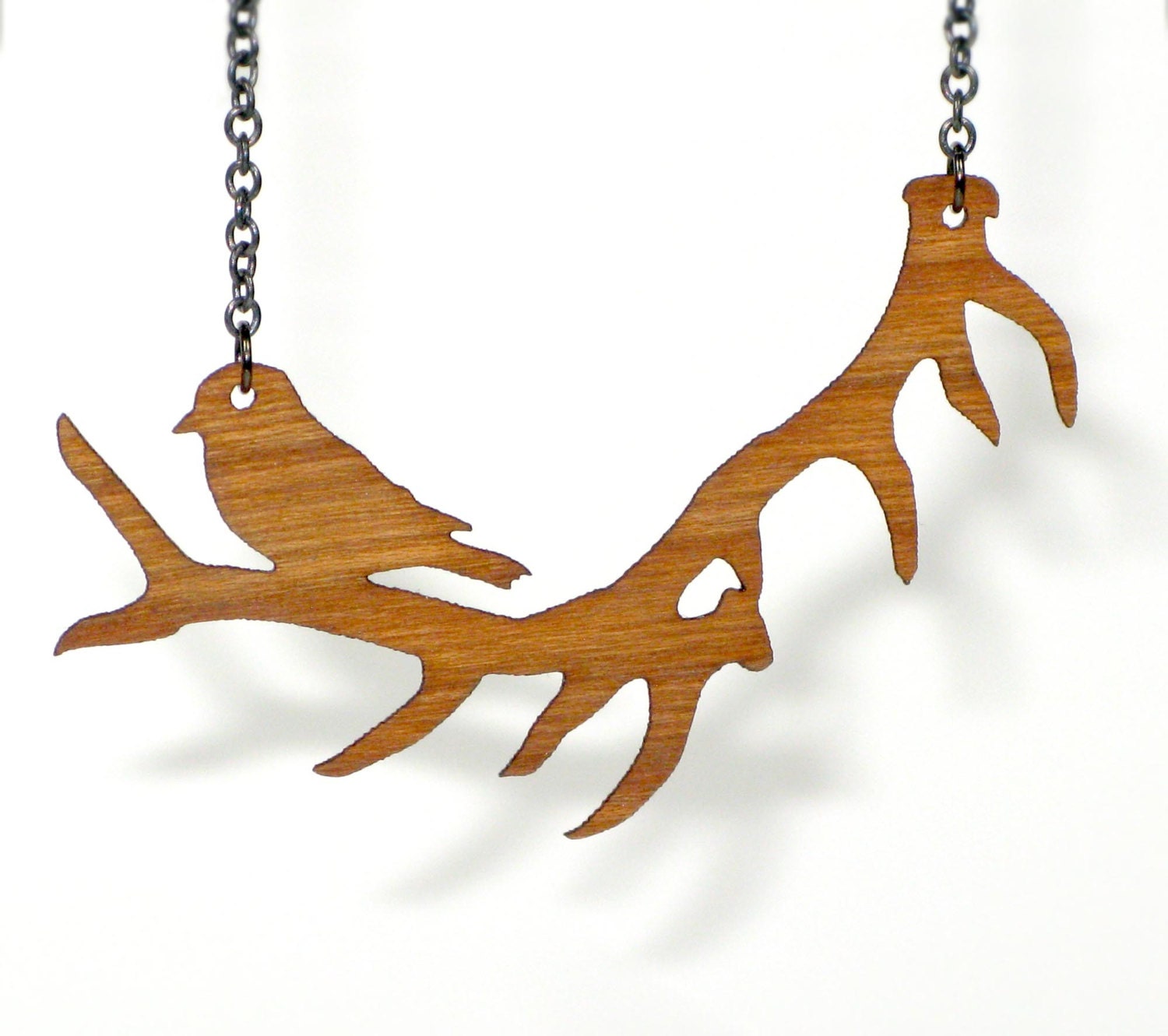 Bird and Antler Natural Wood and Steel Reversible Pendant Necklace