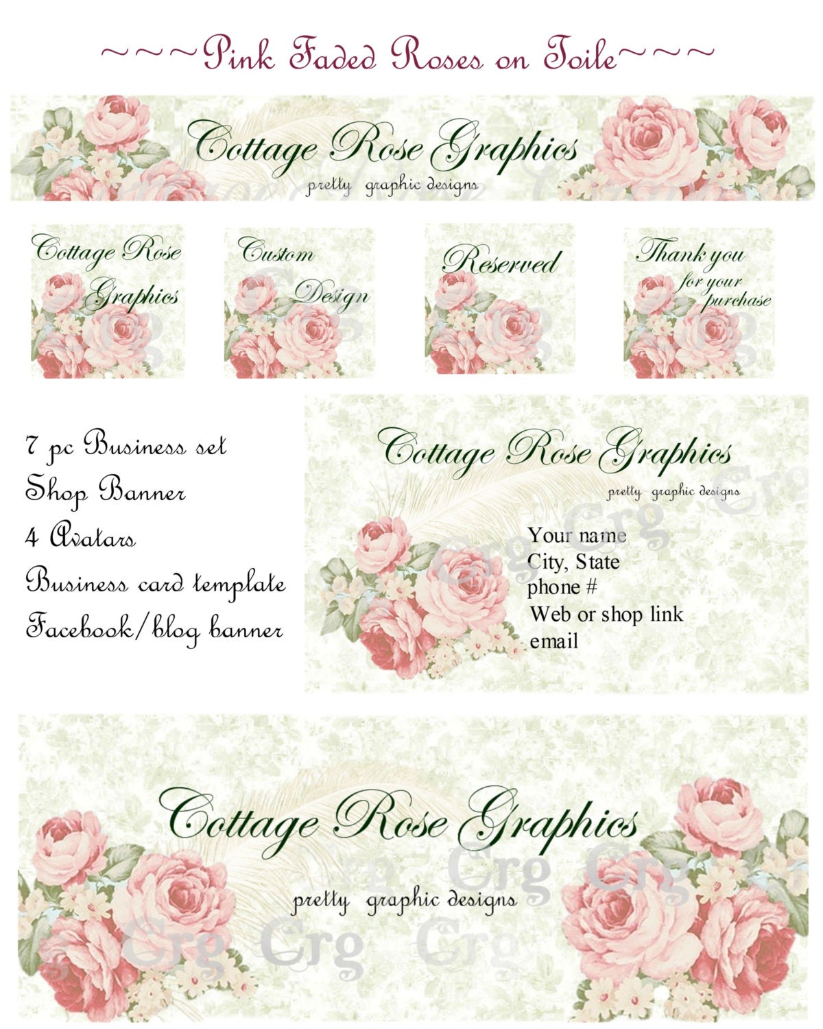 Faded shabby pink roses Shop banner 7 piece set Business card facebook or Blog banner Personalized with your info