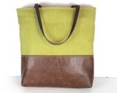 Urban Tote in Cilantro Green Linen and distressed leather