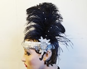 Large Black Feather Headband, Showgirl Headpiece, Costume Accessory, Retro Head Piece, Silver, Gray , Swarovski Crystal, Batcakes Couture