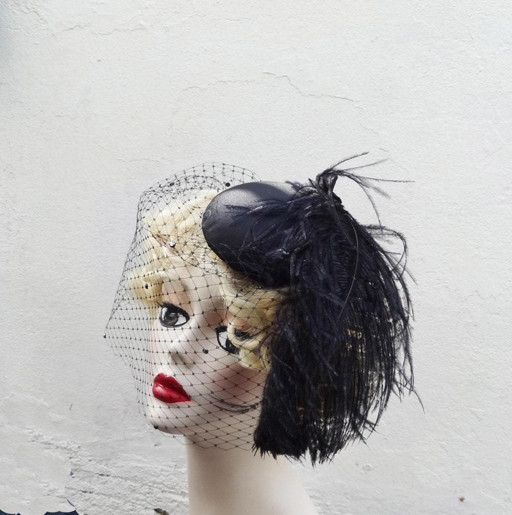 Black Birdcage Veil, Velvet or Satin, Feather Fascinator, Any Color, Cocktail Hat, Halloween Wedding, Widows Mourning Veil, Batcakes Couture