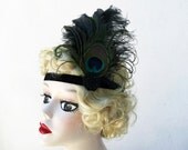 Flapper Headband, Unique Art Deco Headband,Peacock Feather Fascinator, Headband,  Head Piece, Batcakes Couture