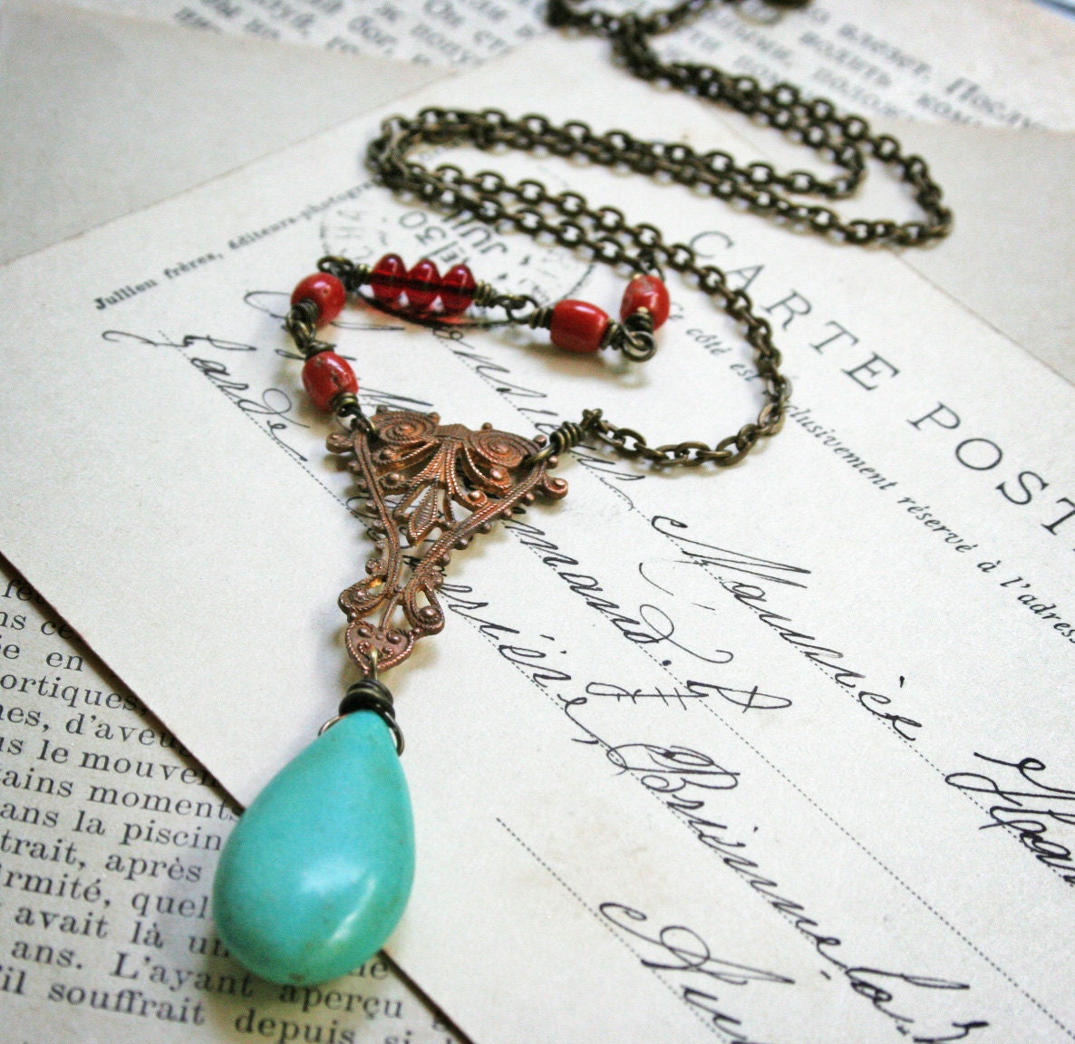 Cheyenne - Turquoise, Vintage Filigree, Coral, Antiqued Brass Necklace
