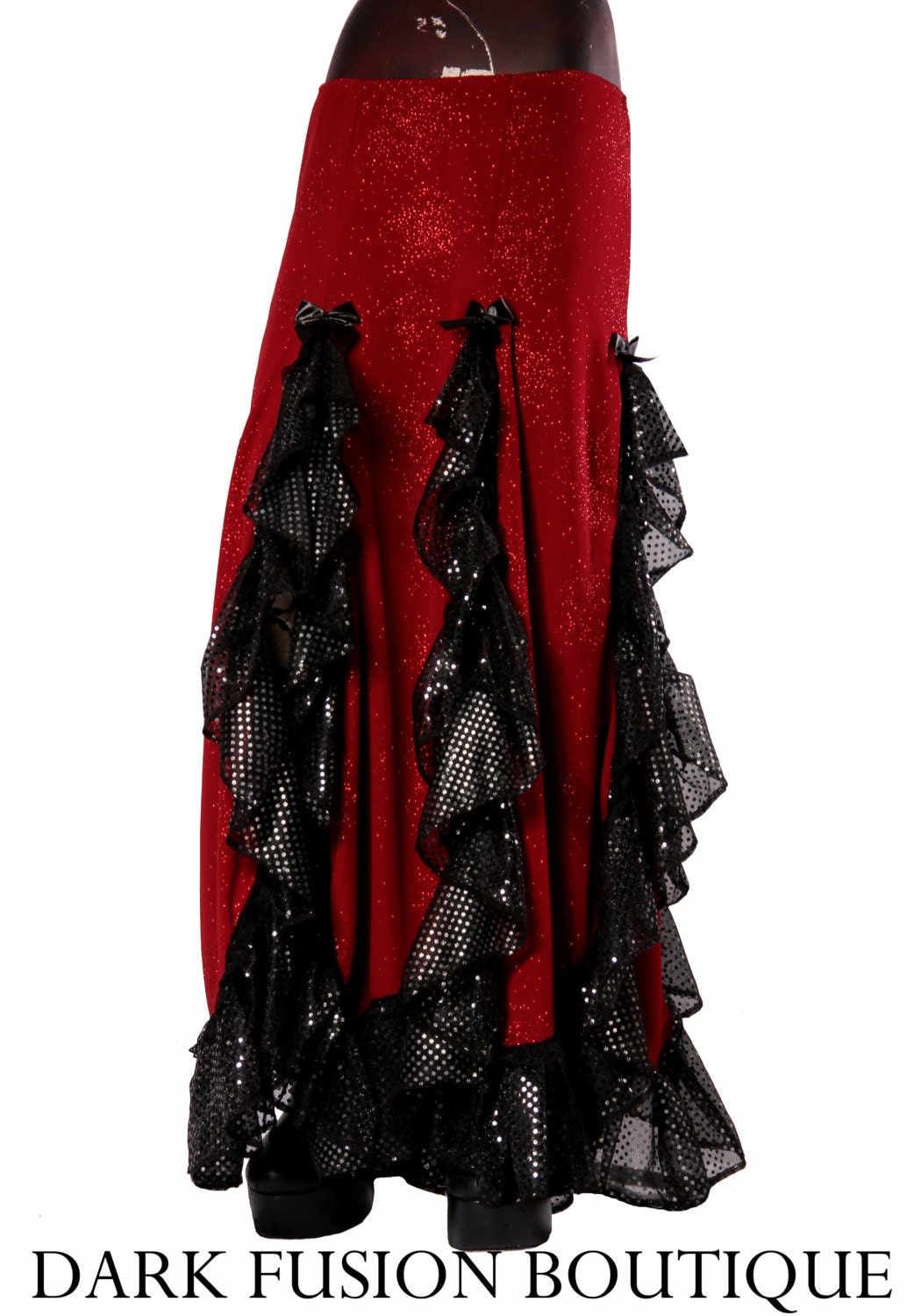 Skirt, Dark Red Sparkle with Black Ruffles, Fusion, Noir, Belly Dance, Dark Fusion Boutique, Goth, Vampire,
