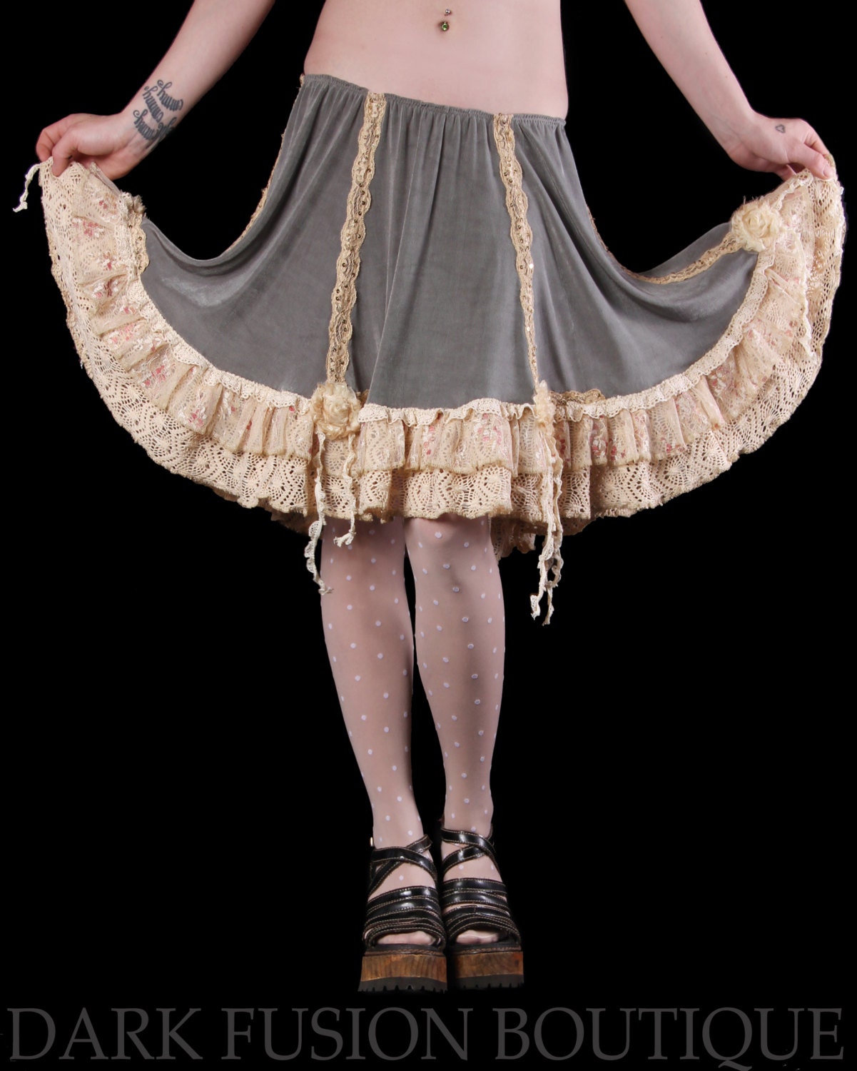 Skirt, Green and Creams, Ruffles, Circus, Spring, Shabbt Chic, Roses, Dark fusion Boutique
