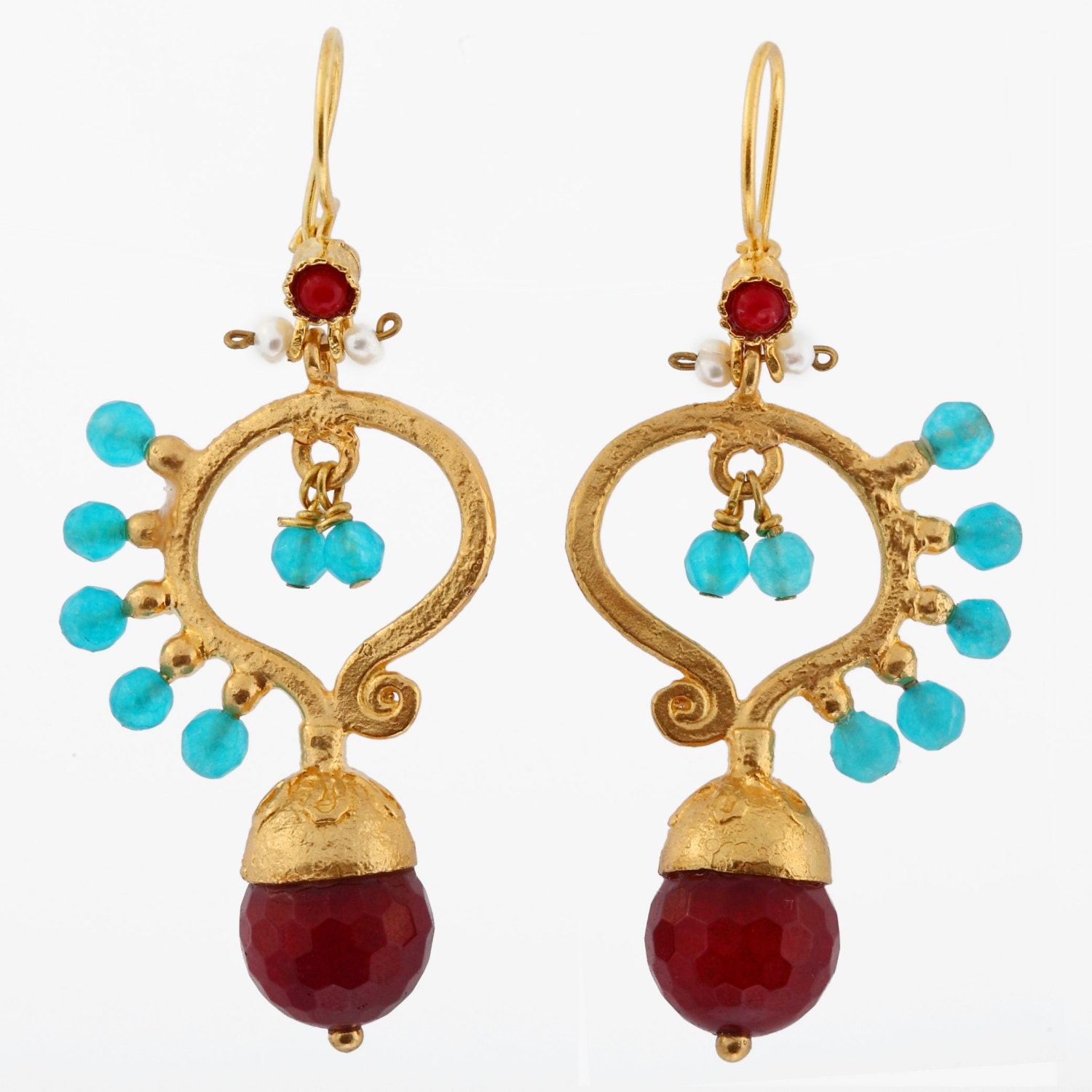 Butterfly Earrings in Red Jade and Blue Apatite -  Semiprecious Stones - Bohemian - Gold Plated - Hand Hammered