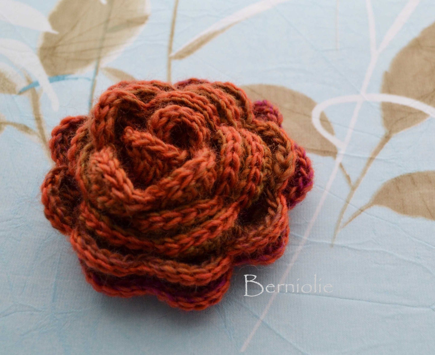 Crochet flower brooch, shawlpin, orange, copper I858