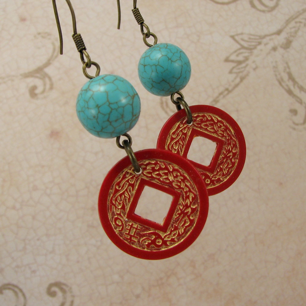 Turquoise and red earrings with vintage mahjong chips