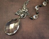 statement necklace - chandelier crystal necklace - handmade asymmetrical silver leaf flourish with vintage chandelier crystal