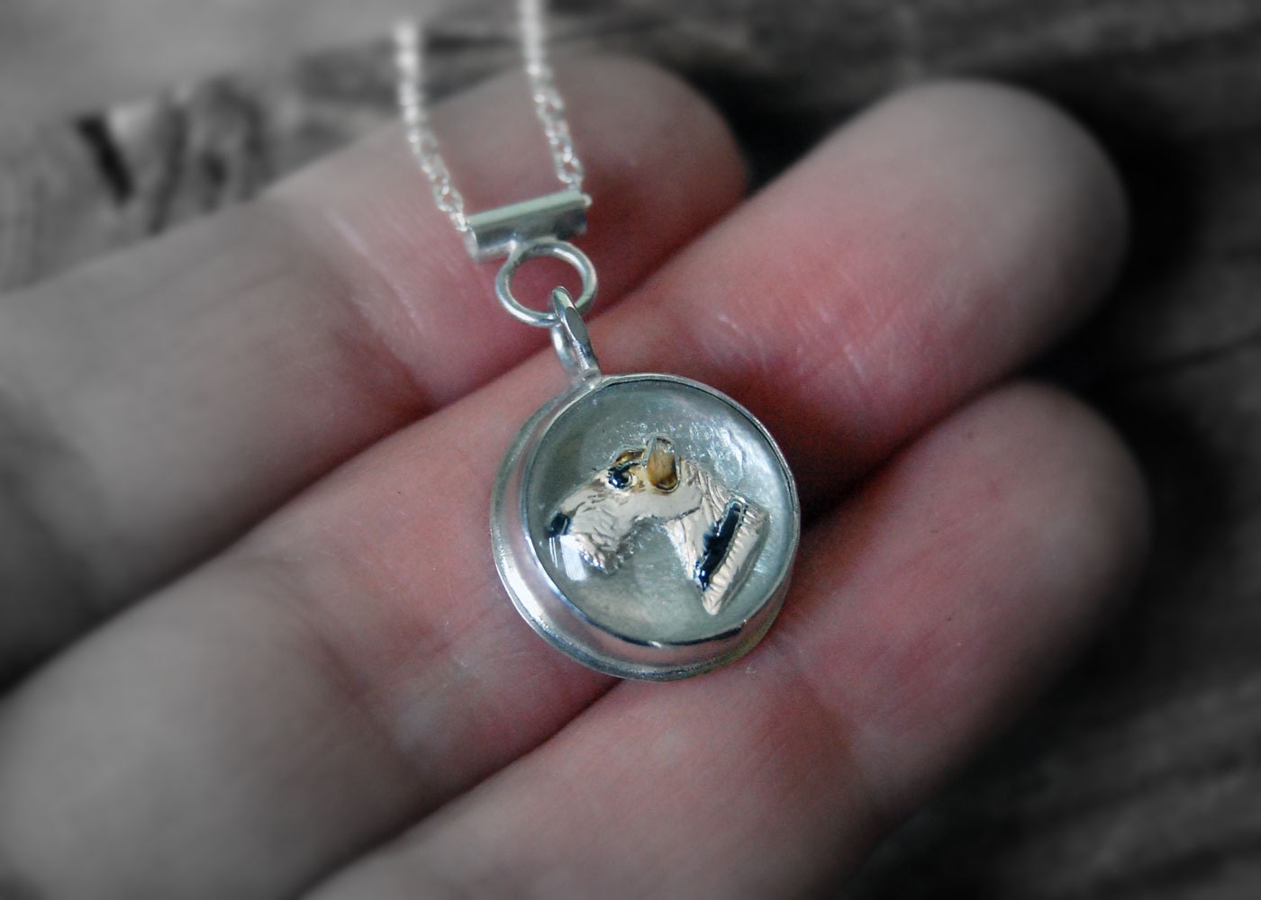 Handmade Sterling Silver Wire Fox Terrier/Airedale Terrier Necklace with Antique Handpainted Reverse Glass Intaglio