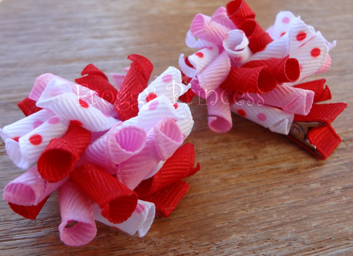 Valentine's Day Pink Red White Mini Korker Bows - Corker Curlies - No Slip Hair Clippies