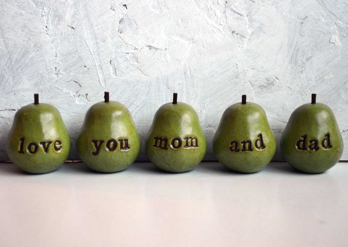 Anniversary gift ... love you mom and dad ...Five handmade polymer clay pears ... Word Pears, green