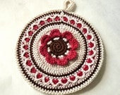 Potholder Red  Brown Beige Cotton Kitchen Home Crochet Handmade