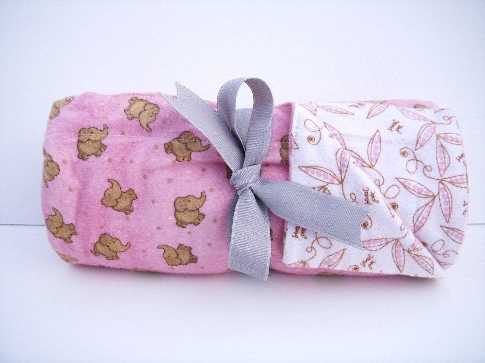 The Very Best Flannel Toddler Baby Receiving Blanket Baby Elephants and Sweet Peas in Pink and Cream