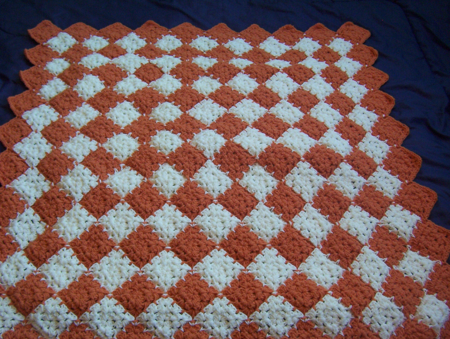 Hand Crocheted Pumpkin and White Granny Square Afghan
