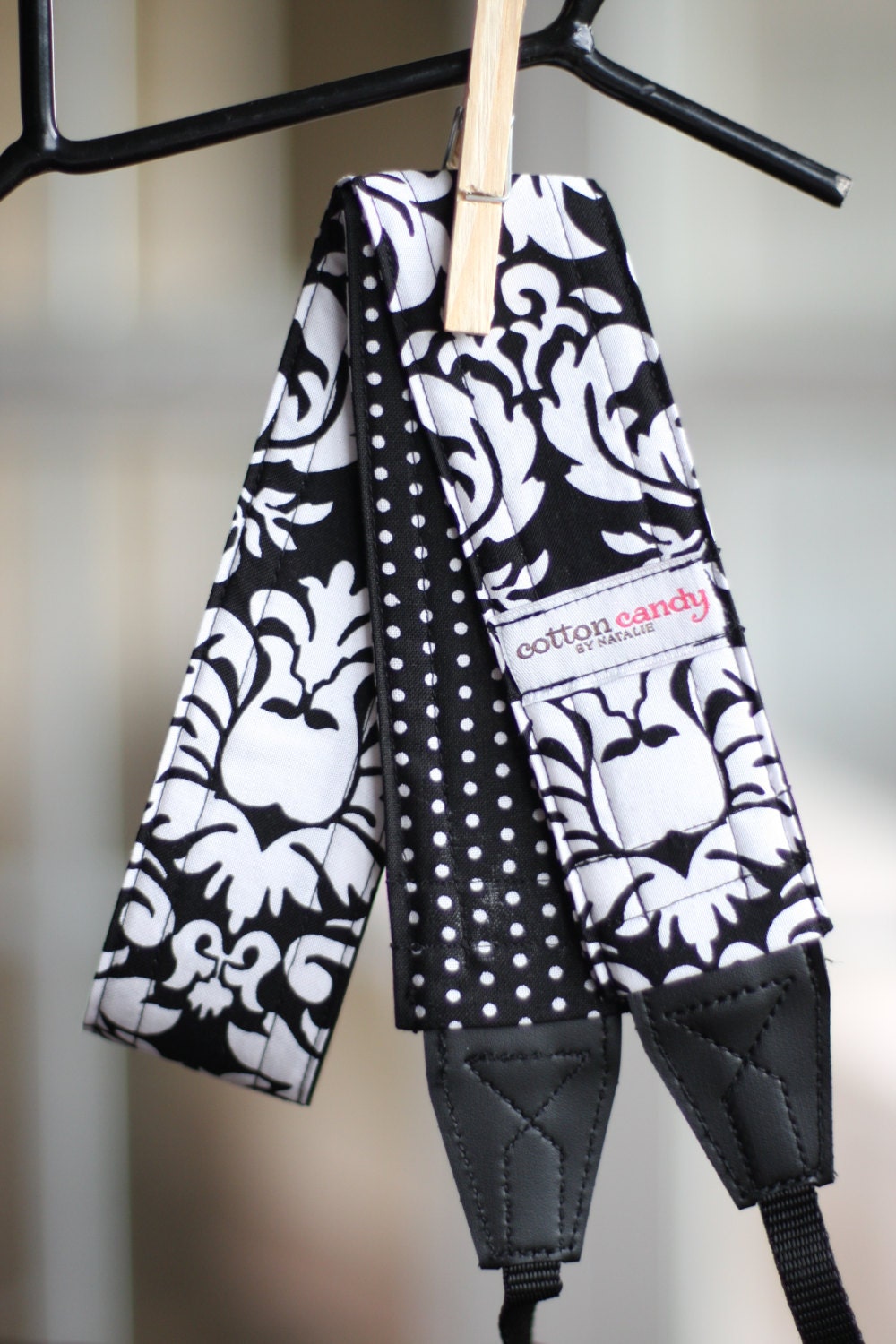 Black Damask and Dots Reversible Camera Strap