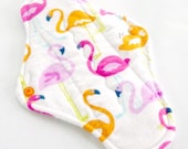Medium/REGULAR flow reusable Cloth Menstrual Pad with PUL and wings - Flamingos - Cotton Flannel top