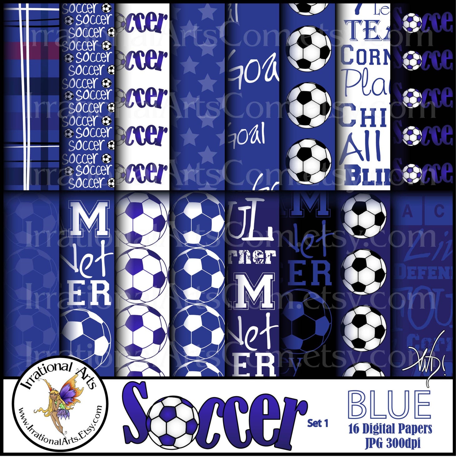 Soccer INSTANT DOWNLOAD digital paper 16 jpg files BLUE soccer