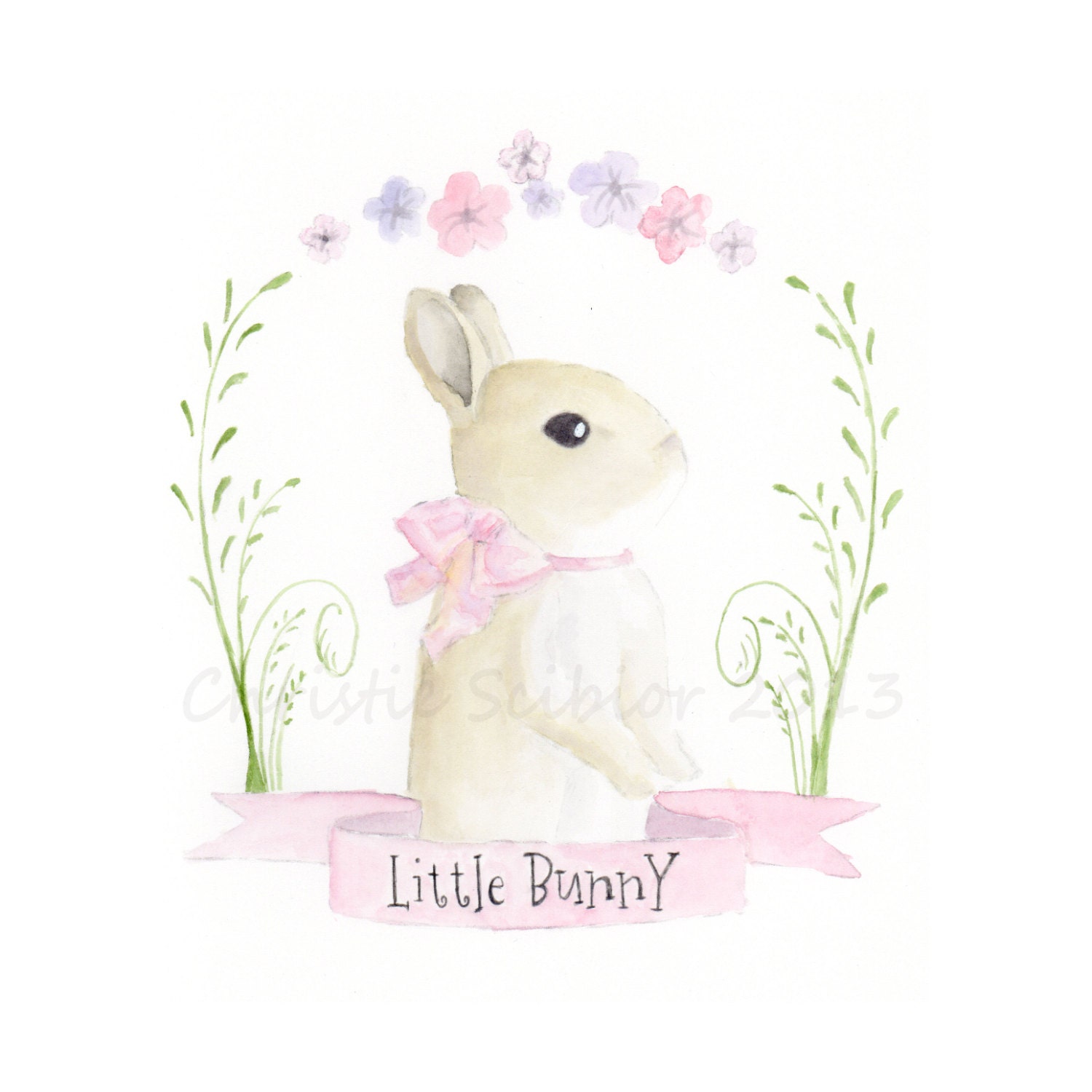 8x10 Art PRINT of animal Watercolor painting Baby Bunny Rabbit shabby cottage chic typography sign hand lettered nursery decor