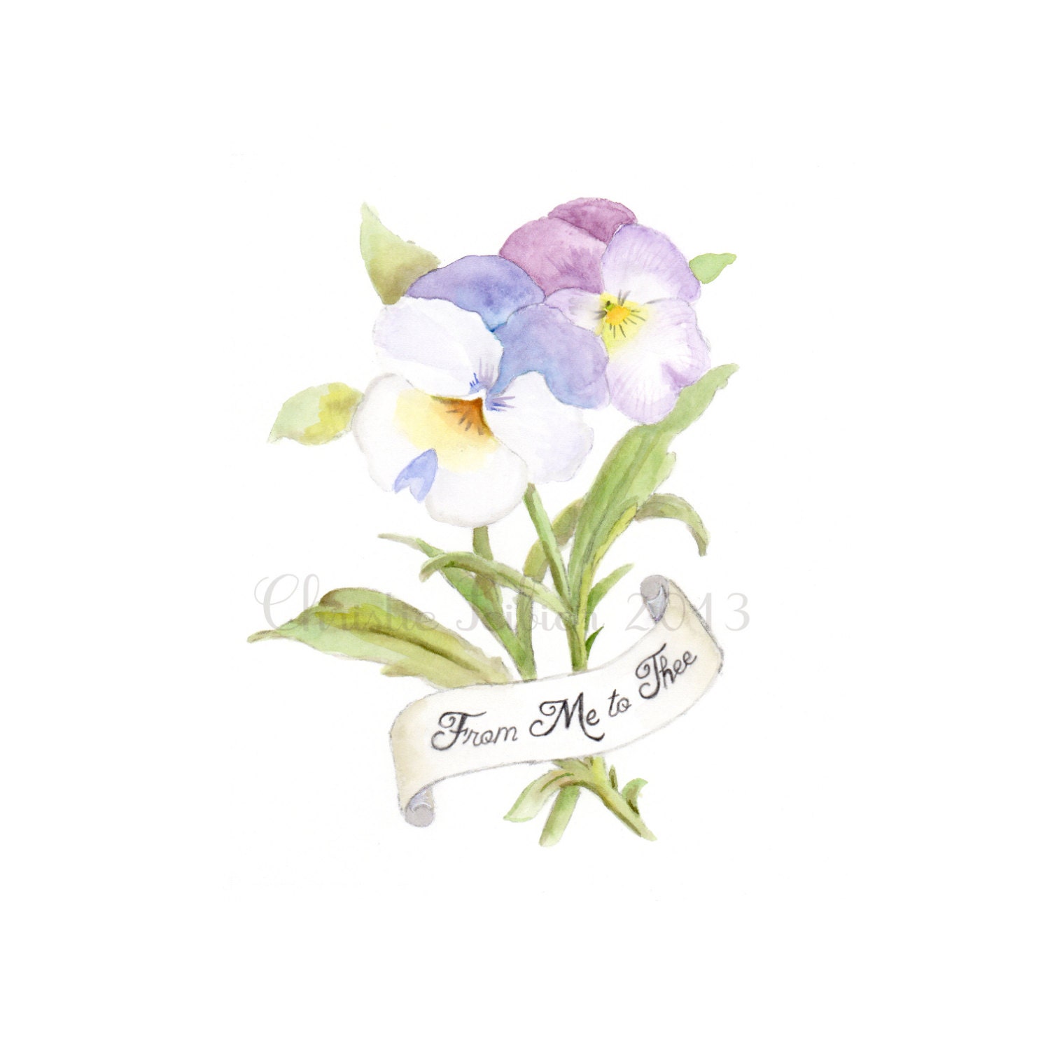 Purple Pansy Art PRINT of Watercolor painting Pansies Still Life, Cottage, Shabby Chic, From Me To Thee typography sign 8x10 Archival