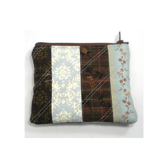 Pocket Zipper Case Change Purse Brown Cream and Aqua Quilted Patchwork