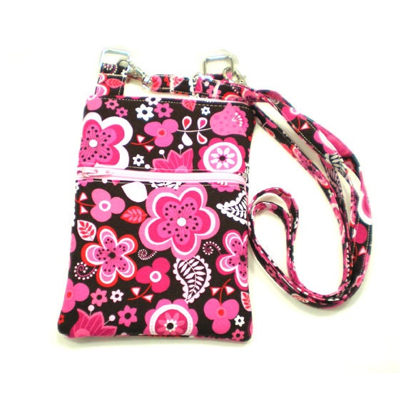 Cross Body Hipster Rectangular Mini Pack Purse with Adjustable Strap Pink and Brown Flowers