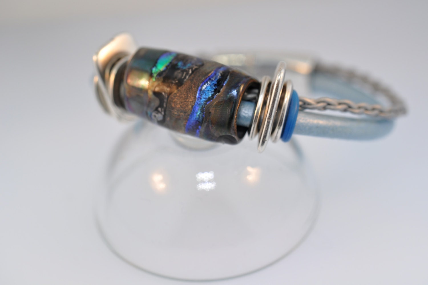 Shimmery Blue and Silver Leather Bracelet with Metallic Black and Dichroic Lampwork Beads and Silver Colored Clasp