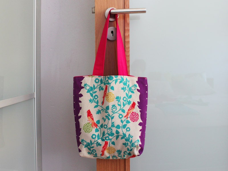 Spring tote bag - Reversible tote bag in japanese designer linen fabric and pink cotton