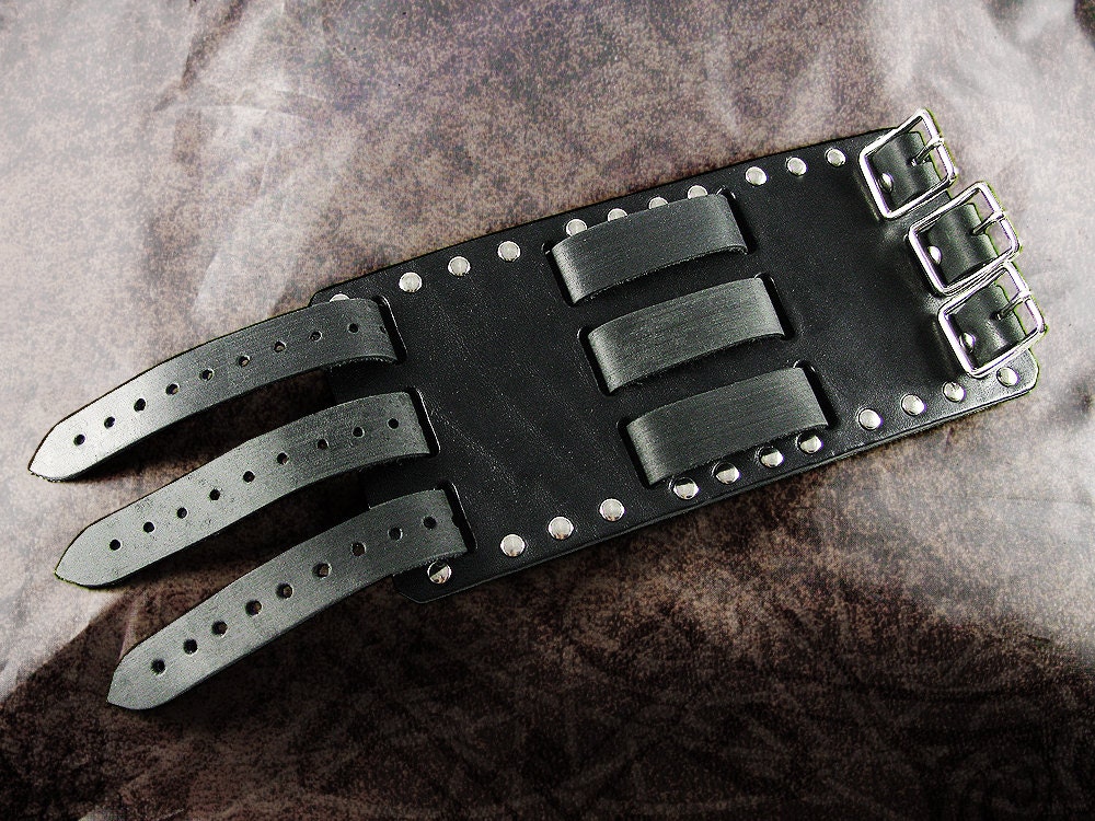 Leather Cuff - Dark Truth - Three Row Riveted Black