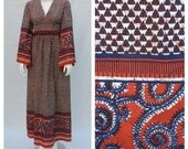 Vtg Batik Indian Print Cotton Angel Sleeve Maxi Dress sz s